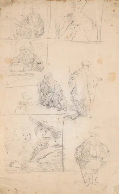 Blad med kopior efter etsningar av Rembrandt av Sir Joshua Reynolds
