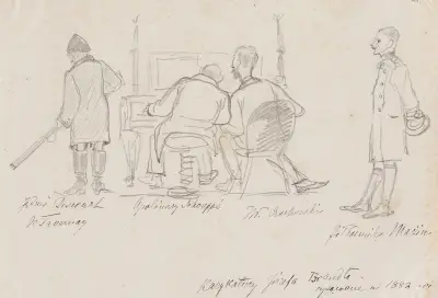 Caricatures of guests in Orońsko; Józef Deskur, Alfred Schouppé, Władysław Czachórski and colonel Mazin av Jozef Brandt