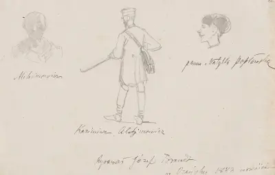 Caricatures of guests in Orońsko; Kazimierz Alchimowicz twice and Matylda Popławska av Jozef Brandt