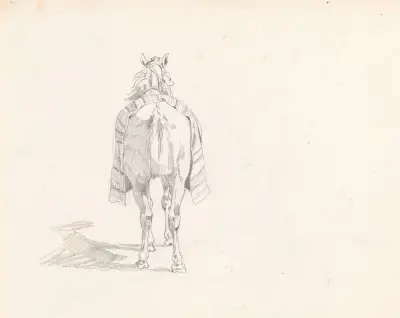 Horse covered with saddlecloth, from the back, study for the painting “Return from the horse fair” av Jozef Brandt