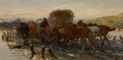 Jews leading horses to the market av Jozef Brandt