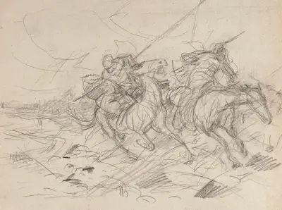 Skärmytsling mellan två galopperande ryttare, skiss till målningen "On the Trail" av Jozef Brandt