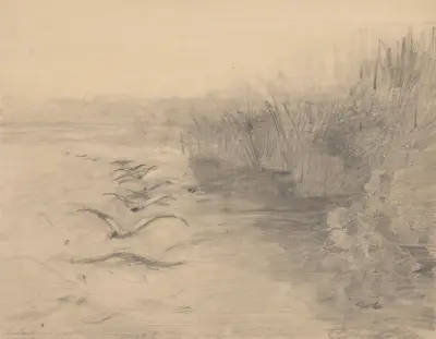 Ptaki nad jeziorem, szkic do obrazu ‘Jezioro o zmierzchu’ z 1890 r. av Jozef Chelmonski