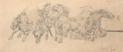 Studie av galopperande hästar i spann, skiss till målningen ”Czwórka” från 1880 av Jozef Chelmonski
