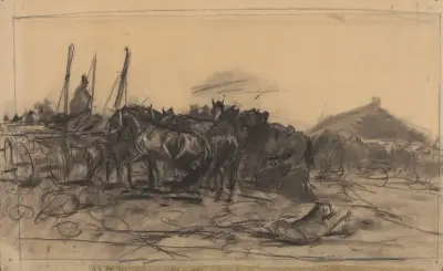 Hästmarknad, skiss till målningen 'Hästmarknaden i Bałta' från 1879 av Jozef Chelmonski