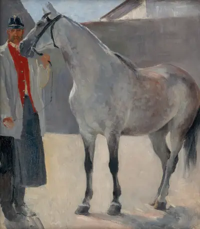 Study of a Grey Horse with a Coachman av Jozef Hanula