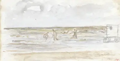 Baders in zee en een strandkoets av Jozef Israëls