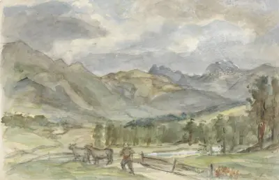 Berglandschap met veehoeder en twee koeien av Jozef Israëls