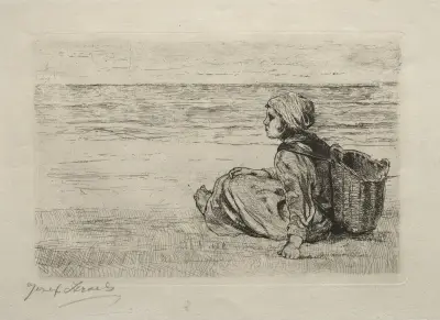 Flicka med korg sittande på stranden av Jozef Israëls