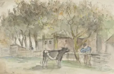 Landschap met een koe en een boer av Jozef Israëls