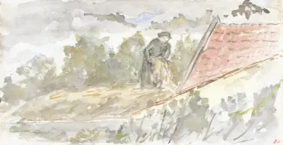 Landschap met vrouw en dak van een huis av Jozef Israëls