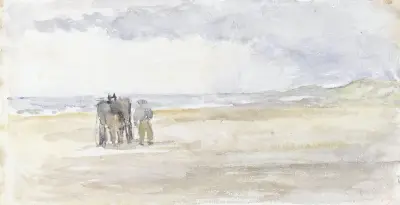 Man met paard en wagen op het strand av Jozef Israëls