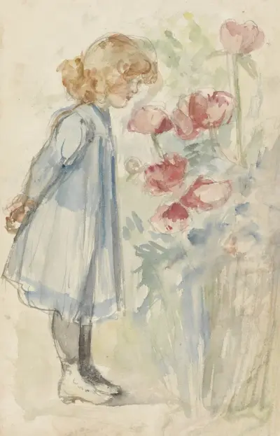 Stående flicka i blomsterträdgård av Jozef Israëls