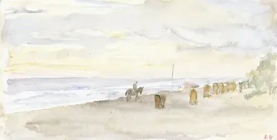 Strandgezicht met ruiter en badstoelen av Jozef Israëls