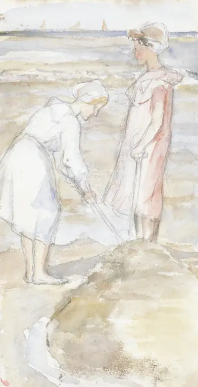 Två flickor i rosa och vitt på stranden av Jozef Israëls