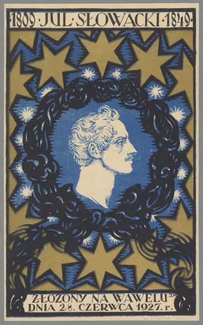 Fönsterdekal för högtidligheten vid Juliusz Słowackis jordfästning på Wawel den 28 juni 1927 av Józef Mehoffer