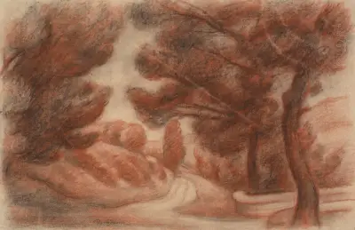 Landscape with a road among trees av Józef Pankiewicz