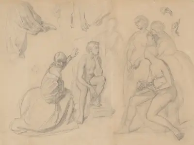 Fragment av komposition med prinsgestalten och damerna samlade kring honom, för målningen 'Sigismund Augustus uppfostran' av Józef Simmler