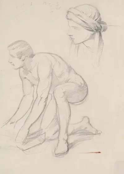 Aktstudie och studie av huvudet i turban för figuren Josef från Arimataia till målningen ’Gravläggningen’ av Józef Simmler