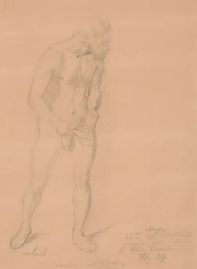 Aktstudie för en figur av en italienare i målningen 'Sigismund Augustus uppfostran' av Józef Simmler