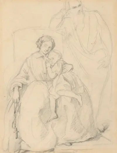 Sketch of Catherine Jagiellon with son Sigismund and John, Grand Duke of Finland, to the painting ‘Catherine Jagiellon in Gripsholm Prison’ av Józef Simmler