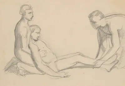 Sketch of nude men to the scene with Nicodemus and Joseph of Arimathea supporting the dead body of Christ to the painting ‘Entombment’ av Józef Simmler