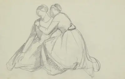 Skiss av gruppen Jungfru Maria och Maria Magdalena till målningen ’Gravläggningen’ av Józef Simmler