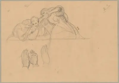 Skiss av gruppen vittnen till St. Matthias död till målningen 'Martyrdom of St. Matthias' av Józef Simmler