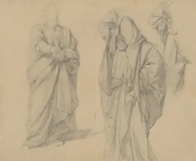 Studie av översteprästens dräkt och mannen med turban till målningen 'Sankt Matthias martyrium' av Józef Simmler