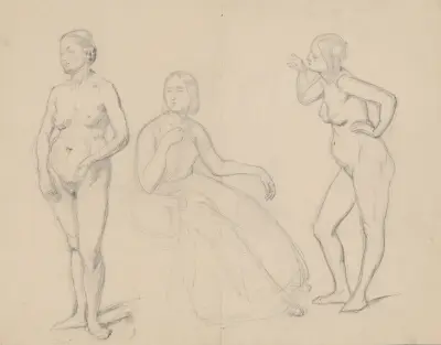 Studie av drottning Bonas gestalt och två nakenstudier av hovdamer för målningen 'Sigismund Augustus uppfostran' av Józef Simmler