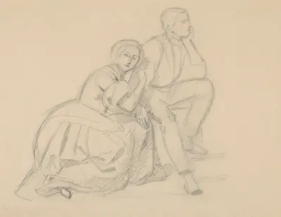 Study of the Prince and a Kneeling Lady for the Painting ‘The Upbringing of Sigismund Augustus’ av Józef Simmler