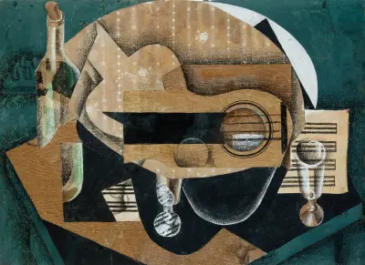 A Guitar, Glasses and a Bottle av Juan Gris