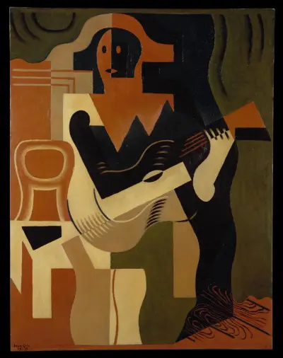 Harlekin sittande med gitarr av Juan Gris