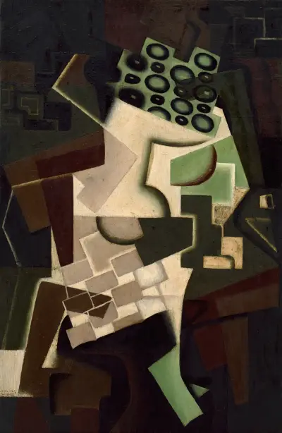 Fruktskål på rutig bordsduk av Juan Gris