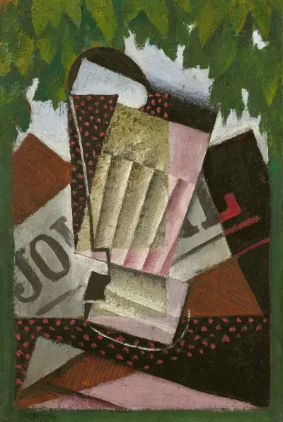 Verre, journal et feuillage av Juan Gris