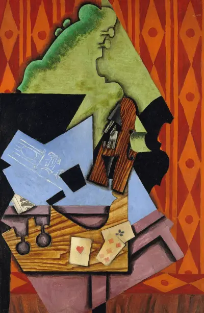 Fiol och spelkort på ett bord av Juan Gris