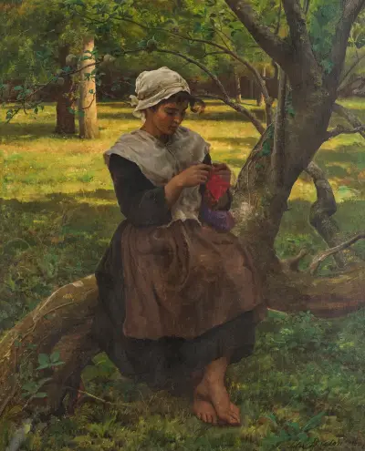 A Peasant Girl Knitting av Jules Breton
