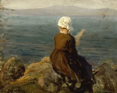 Spinnande kvinna på klipporna vid Douarnenez av Jules Breton
