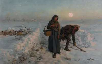Sur la route en hiver; artois av Jules Breton