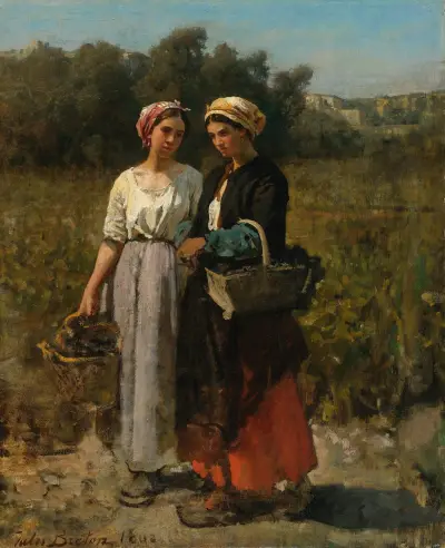Två unga kvinnor plockar druvor (Studie till Vintern vid Château Lagrange) av Jules Breton