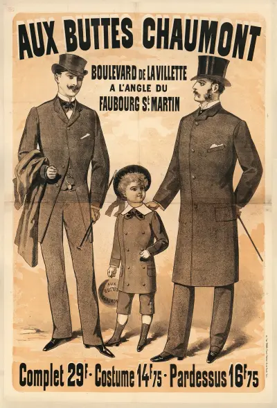 Aux Buttes Chaumont …, Complet 29f.- Costume 14f75 – Pardessus 16f75 av Jules Chéret