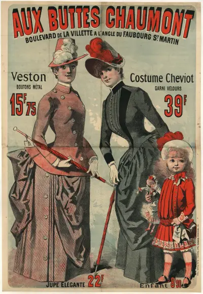 Aux Buttes Chaumont. Veston boutons métal 15f.75 – Costume cheviot garni velours av Jules Chéret