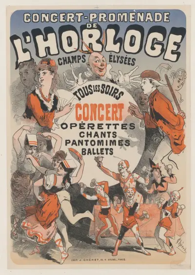 Konsertpromenad vid klockan. Varje kväll konsert, operetter, sång, pantomimer, baletter av Jules Chéret