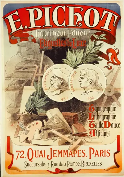 E.PICHOT Imprimeur Editeur, Etiquettes de Luxe, Typographie (,1884) av Jules Chéret