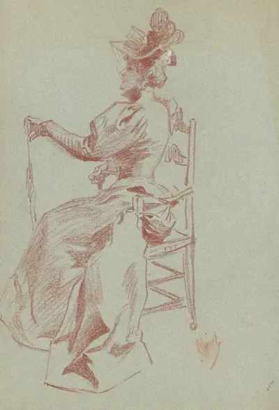 Elegant dam sittande på stol av Jules Chéret
