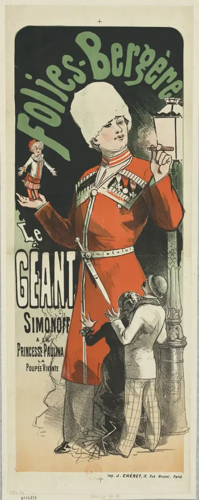 Folies-Bergère. Le géant Simonoff et la princesse Paulina la poupée vivante av Jules Chéret