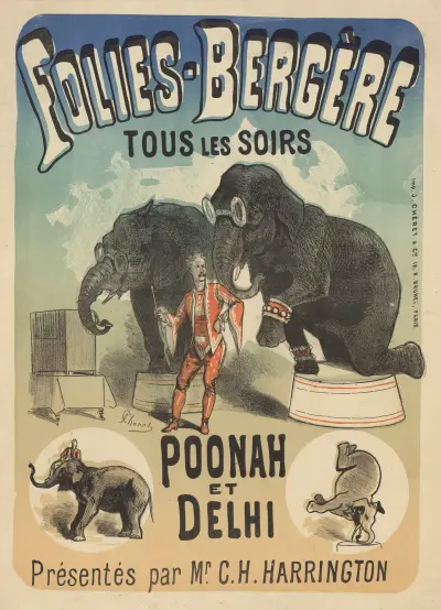 Folies Bergère… Poonah et Delhi, presenterade av Mr. C. H. Harrington av Jules Chéret