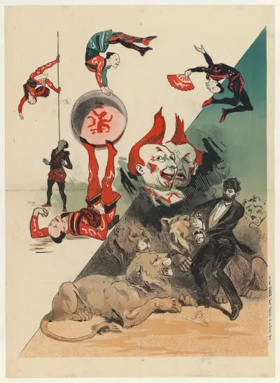 Hippodrome – acrobates japonais, clowns et dompteur de fauves av Jules Chéret
