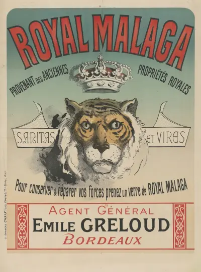 Royal Malaga. sanitas et vires. pour conserver & réparer vos forces, prenez un verre de Royal Malaga av Jules Chéret