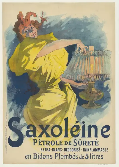 Saxoléine, Pétrole de Sûreté. Extra-blanc, déodorisé, ininflammable. En bidons plombés de 5 litres av Jules Chéret